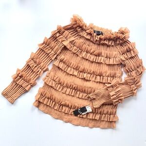 NWT AZI New York Ruffled Pleated Nude / Tan Long Sleeve Top XS